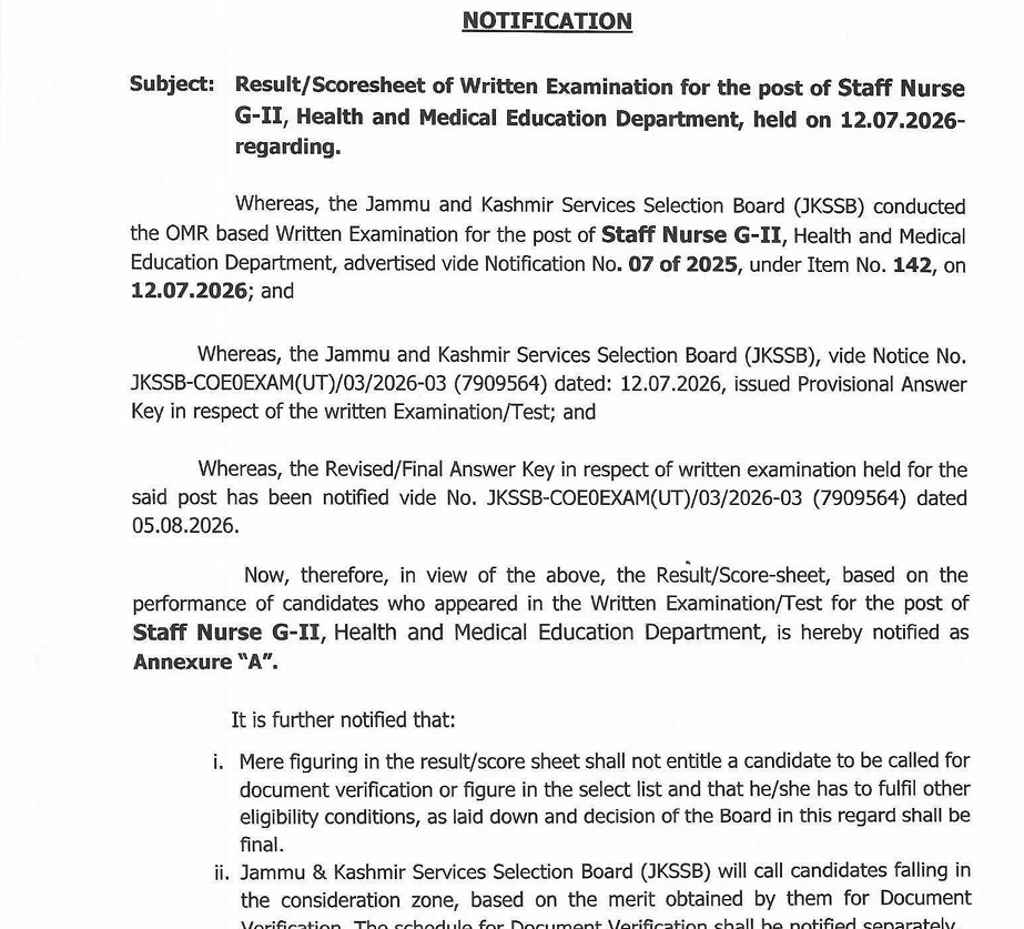 Result Score Sheet of written for the post office Staff Nurse G-II, Health nad Medical Department, held on 12.07.2026 regarding